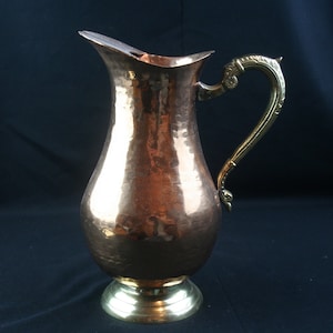 Solid Hammered Copper Pitcher With Decorative Brass Handle & Brass Base