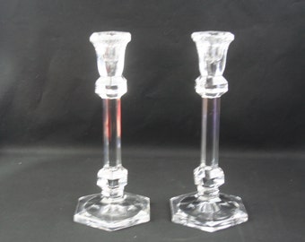 Bohemian 24% Lead Crystal Candlestick Pair With Hexagonal Cut Candleholder, Stem and Bulbs Above and Below Stem