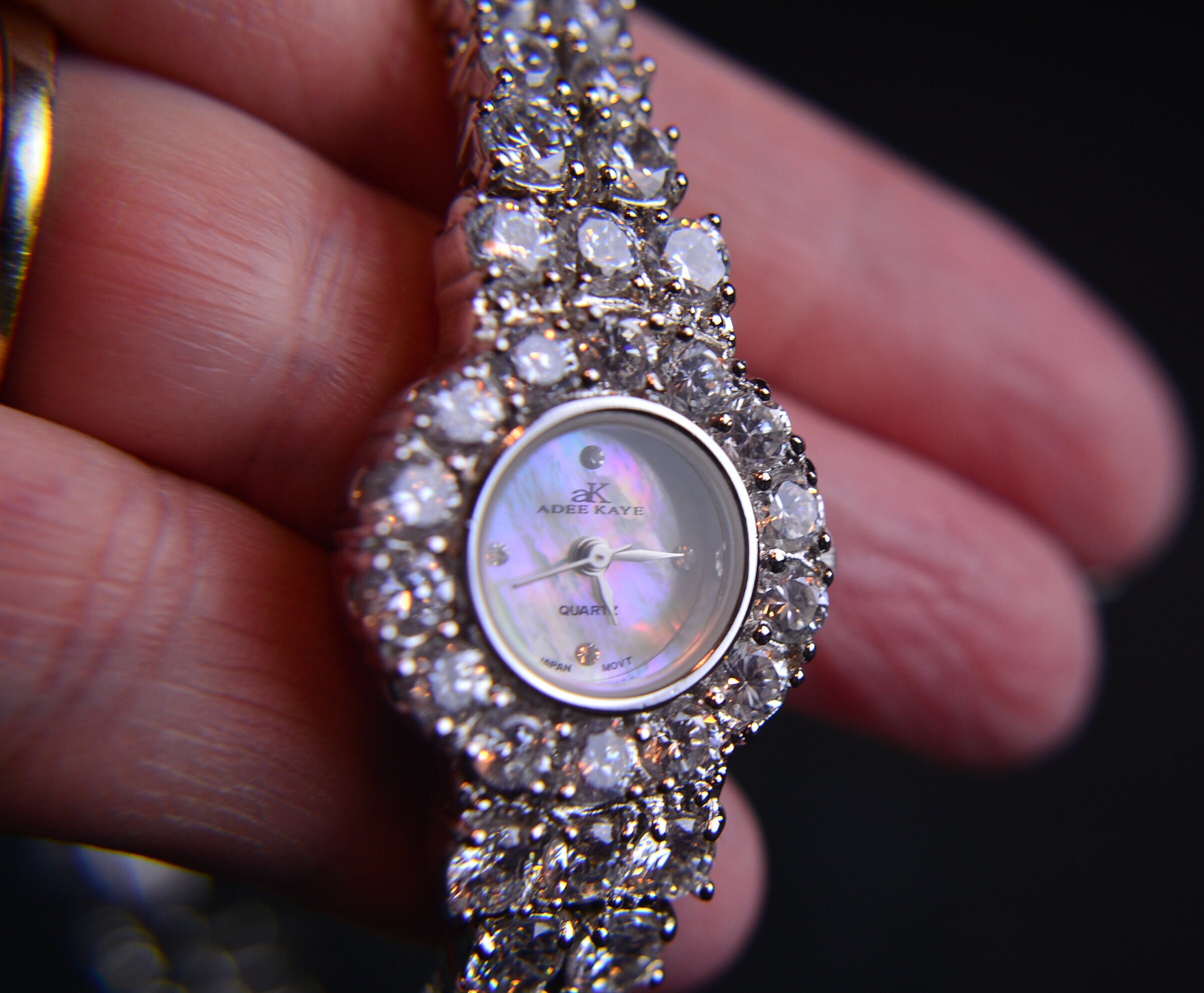Adee Kaye Crystal Rhodium Plated Stainless Steel Watch With Mother of Pearl Watch Face. Etsy Canada