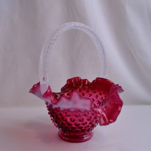 Fenton Deep Cranberry Opalescent Hobnail Basket with a Ruffled Crimped Edge with a Opalescent Twisted Crimped Handle, Hand-Blown Glass