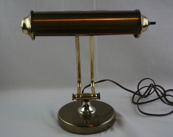 Mitosinka Antic Irmischer Music/Bankers Brushed and Polished Brass Lamp: 12" Tall, 12" Wide; Dual Arm, Single Hinge