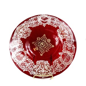 ムラーノ・レッド・ルービンガラスボウル：手描きのヴェネツィアの風景、1920年代のアール・ヌーヴォー