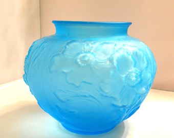 Tiffin Poppy Floral Heavily Embossed Sky Blue Satin Glass 1920's Vase