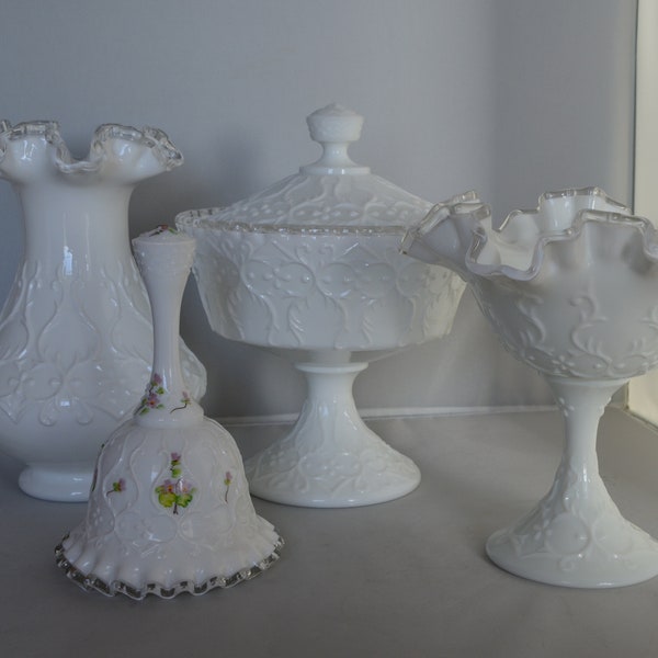 Fenton Spanish Lace White Milk Glass Silvercrest Lidded Compote, Ruffled Pedestal Dish, Vase and Hand Painted Bell. Sold individually.