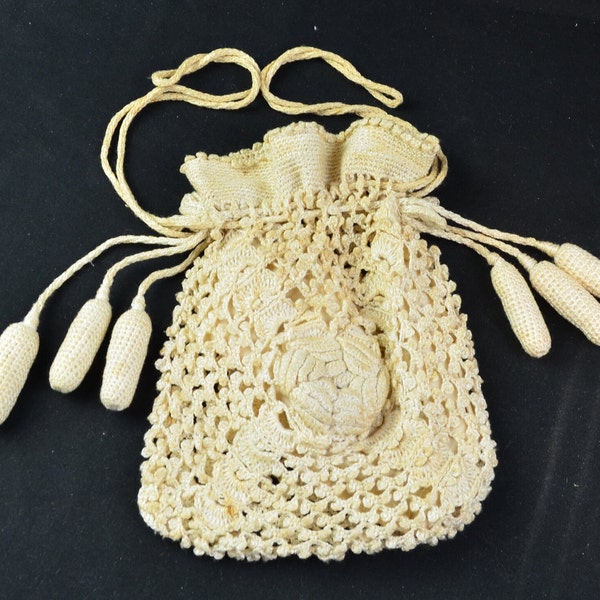 Edwardian Era Antique Purse/Handbag/Reticule Hand Crocheted in Off White Thread, 1900-1910 Floral Design with Elongated Baubles on Sides