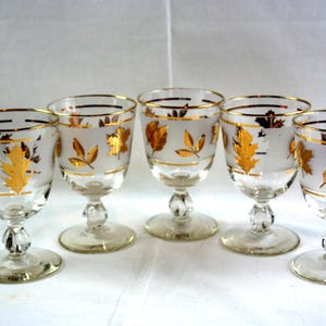 Mid-Century Libbey Gold Leaves Goblets: Frosted Glass, Set of 11