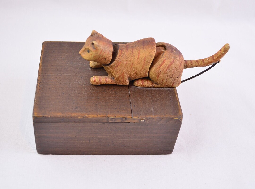 Mechanical Kitty Cat Box Vintage Wooden Box Opens Pushing His Etsy