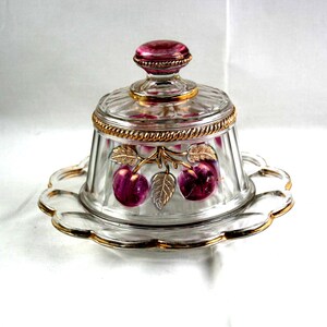 Antique Northwood Ruby Flash Butter Dish: Cable & Cherries, Gold Trim (1915-1925)