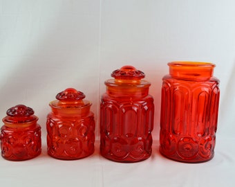 L.E. Smith Moon and Stars Amberina Glass Canisters 9.5&quot;, 9&quot;, 6.75&quot;, 4.75&quot; Tall, Each Sold Separately.