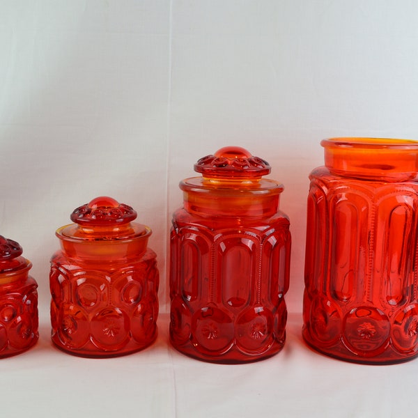 L.E. Smith Moon and Stars Amberina Glass Canisters 9.5", 9", 6.75", 4.75" Tall, Each Sold Separately.