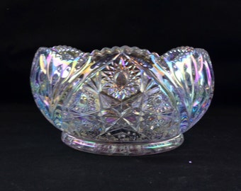 L.E. Smith 7.25" Iridescent, Rainbow, Star, Button and Leaf Glass Bowl