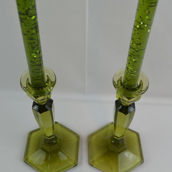 Fenton Early Olivine Candlestick Holders with Matching MCM Lucite Glitter Candles, Each Sold Separately.