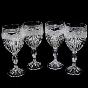 Oneida Southern Garden Cut Crystal Goblets: Frosted Floral Motif, Ribbed Stem