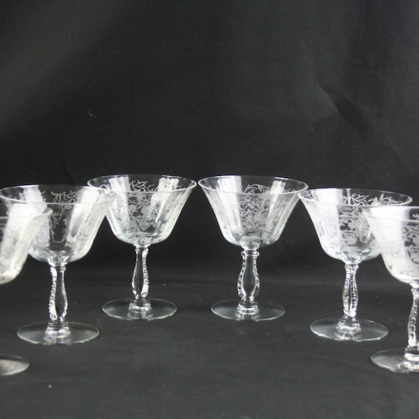 Fostoria "Heather" Low Champagne/Sherbet" Needlepoint Etched Crystal Goblet (1949-1982), Set of 6.