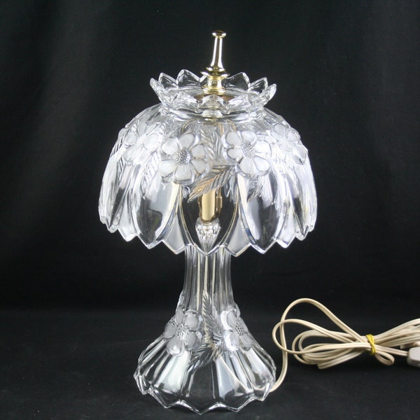 Imperlux 24% Lead Crystal, 14" Tall  Boudoir Lamp: Crown Top Shade with Frosted Flowers and Clear Panels and Crystal Base, Brass Fixture.