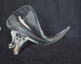 Cornucopia, Clear Glass Footed Cornucopia 14" Long 1980's Hand-Blown Glass