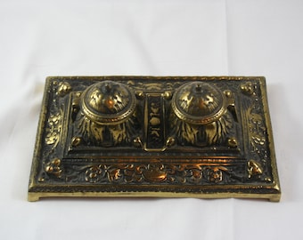 インク壺　ビンテージ／骨董品　金属製（ピューター？）　日本製 鋳造青銅製二重蓋付き卓上書道家用インク壺、19 世紀後半または 20