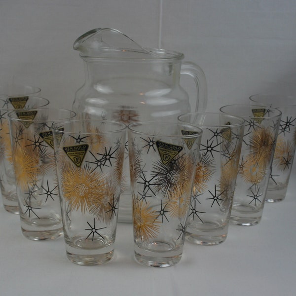 Federal Glass Pitcher and 8 Highball Tumblers (8 Fluid Oz) Like New, 22k Gold/Black Atomic/Starburst Pattern From 1950s/60s with Labels
