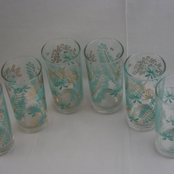 Federal Glass "Century" Queen Annes Lace and Ferns in Teal and Gold MCM 12 Oz Highball Glasses, Set of 6.