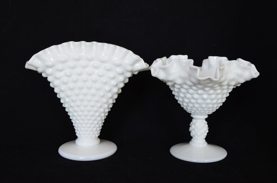 Fenton White Milk Glass Hobnail Glass 5 Pedestal Compote or 6 Ruffled