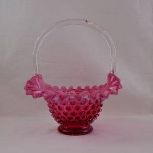Fenton Cranberry Opalescent Hobnail Basket with a Ruffled Crimped Edge with a Crimped Handle, Hand-Blown Glass