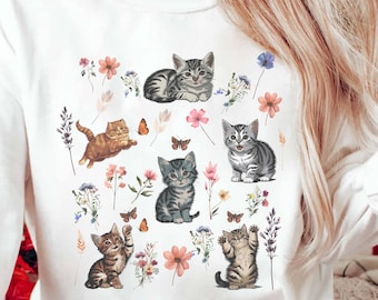 Vintage Watercolor Cat Sweatshirt: Floral Cottagecore Kitten Gift