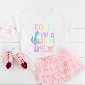 May include: A white t-shirt with a rainbow dinosaur graphic and the text "Roar I'm a Three Rex". The shirt is paired with a pink tulle skirt and pink sparkly shoes.