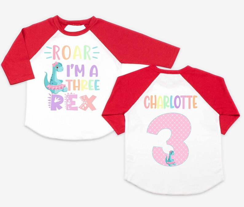 May include: Two white and red baseball shirts with a dinosaur design. One shirt says "Roar I'm a Three Rex" and the other says "Charlotte 3".