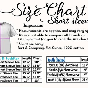May include: Size chart for short sleeve t-shirts for infants, toddlers, and youth. The chart shows the length and chest measurements in inches for each size. The chart also includes the brand name, Port & Company, and the fabric details: 5.4-ounce, 100% cotton.