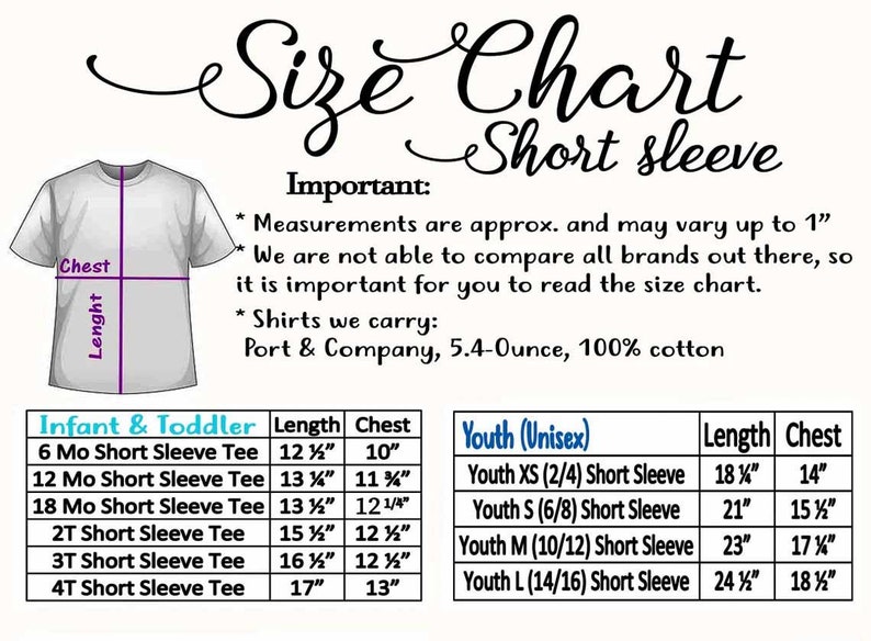 May include: Size chart for short sleeve t-shirts for infants, toddlers, and youth. The chart shows the length and chest measurements in inches for each size. The chart also includes the brand name, Port & Company, and the fabric details: 5.4-ounce, 100% cotton.
