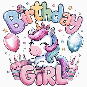 May include: A colorful illustration featuring a smiling unicorn with a pink and purple mane, a golden horn, and a bow. The image includes the words "Birthday Girl" in pastel colors, balloons, cupcakes, and stars.