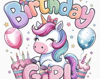 Può includere: Illustrazione colorata con un unicorno sorridente con criniera rosa e viola, corno dorato e fiocco. L'immagine include le parole "Birthday Girl" in colori pastello, palloncini, cupcake e stelle.