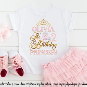 May include: A white t-shirt with a pink and gold design that says "Olivia The 2 Birthday Princess". The shirt is paired with a pink tulle skirt.
