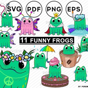Frog clipart. Cartoon frogs. Frog icons. Frog vinyl. Frog illustrations. SVG, PNG. Printable stickers. Vector & Raster. Commercial use
