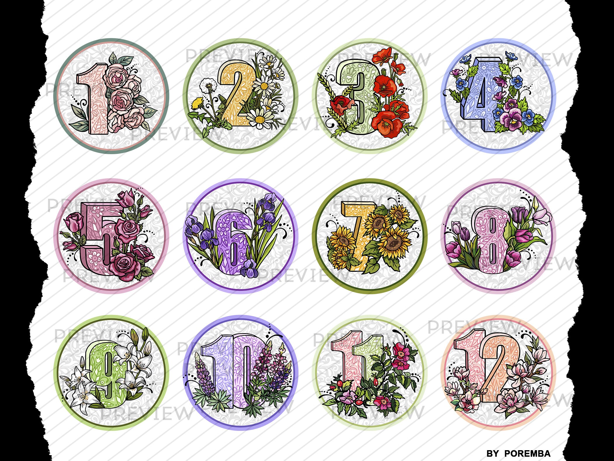 Beautiful Numbers Clipart Set. Number Icons. Round Number Illustrations ...