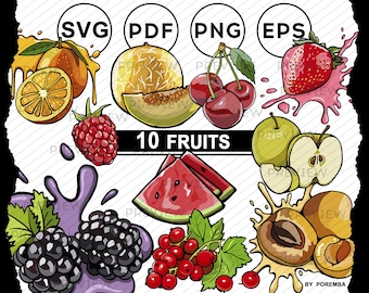 Fruit en bessen vector clipart. Afbeeldingen en pictogrammen voor cocktail of sap. Afdrukbare stickers. Vector- en raster. Commercieel gebruik. SVG, EPS.