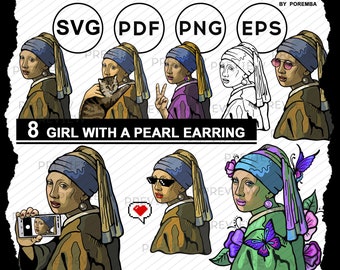 Girl with a Pearl Earring clipart. 8 vector portraits. Vintage & classic Illustration, graphics. SVG, PNG, PDF. Personal and commercial use.