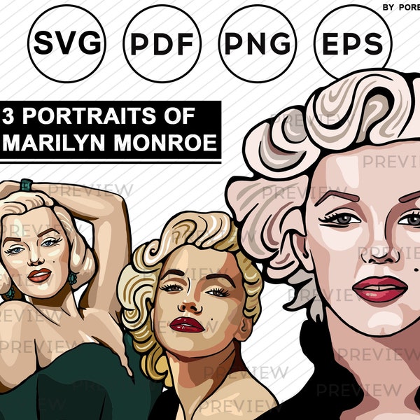 Marilyn Monroe clipart. Vector portrait. Vintage illustration. Fashion and pop icon. SVG, PNG, PDF.