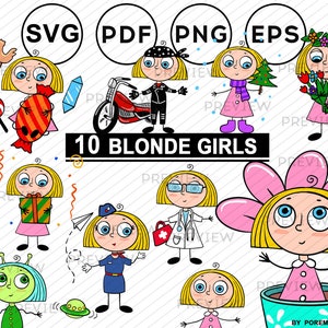 Blond girl clipart. Cartoon girl. Vector girl clipart. Little girl clipart. SVG, PNG . Printable stickers. Vector & Raster. Commercial use
