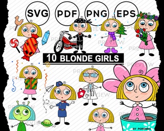 Blond girl clipart. Cartoon girl. Vector girl clipart. Little girl clipart. SVG, PNG . Printable stickers. Vector & Raster. Commercial use