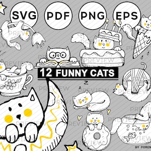 Katzen Clipart. Lustige Katzen Clipart. Kitty Ikonen. Haustier Illustrationen. Druckbare Aufkleber. Vektor & Raster. Kommerzielle Nutzung. SVG, PNG und EPS