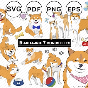 Akita-inu clipart. Funny dogs clipart. Doggy icons. SVG. Dogecoin. Pet illustrations. Printable stickers. Vector & Raster. Commercial use.