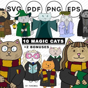 Magische Katzen Clipart. Halloween Katzen Clipart. Kitty Ikonen. Haustier Illustrationen. Druckbare Aufkleber. Vektor & Raster. Kommerzielle Nutzung. SVG, PNG.