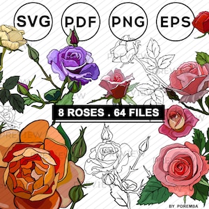 Roses illustration, 8 roses incl. 64 files - ClipArt & Vector Collection - SVG, PNG - Flower, Rose, Tattoo, Outline, Commercial Use