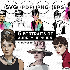 Audrey Hepburn clipart. Vector portrait. Vintage illustration. Fashion and pop icon. SVG, PNG, PDF.