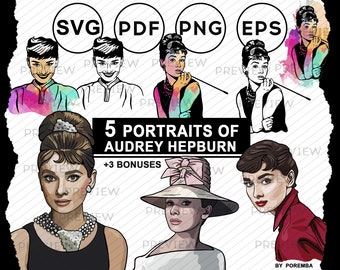 Audrey Hepburn clipart. Vector portrait. Vintage illustration. Fashion and pop icon. SVG, PNG, PDF.