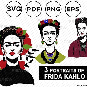 May include: Three black and white illustrations of Frida Kahlo, a famous Mexican painter. Each illustration features a different hairstyle and clothing. The text "3 Portraits of Frida Kahlo" is below the images.