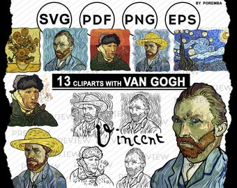 Vincent van Gogh clipart. Vector portrait. Van Gogh paintings bundle. Digital сlassics. Printable images. Vintage illustration. SVG, PNG.