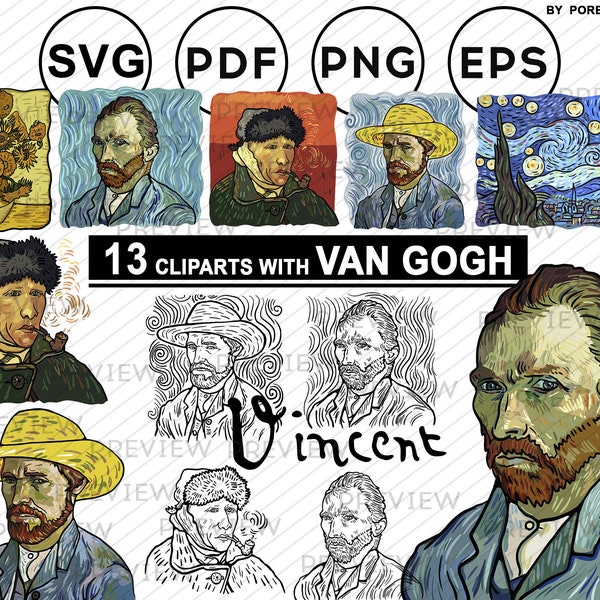 Vincent van Gogh clipart. Vector portrait. Van Gogh paintings bundle. Digital сlassics. Printable images. Vintage illustration. SVG, PNG.