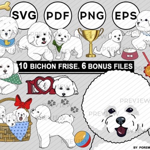Bichon frise clipart. Puppies. Funny dogs clipart. Doggy icons. SVG. Pet illustrations. Printable stickers. Vector & Raster. Commercial use.